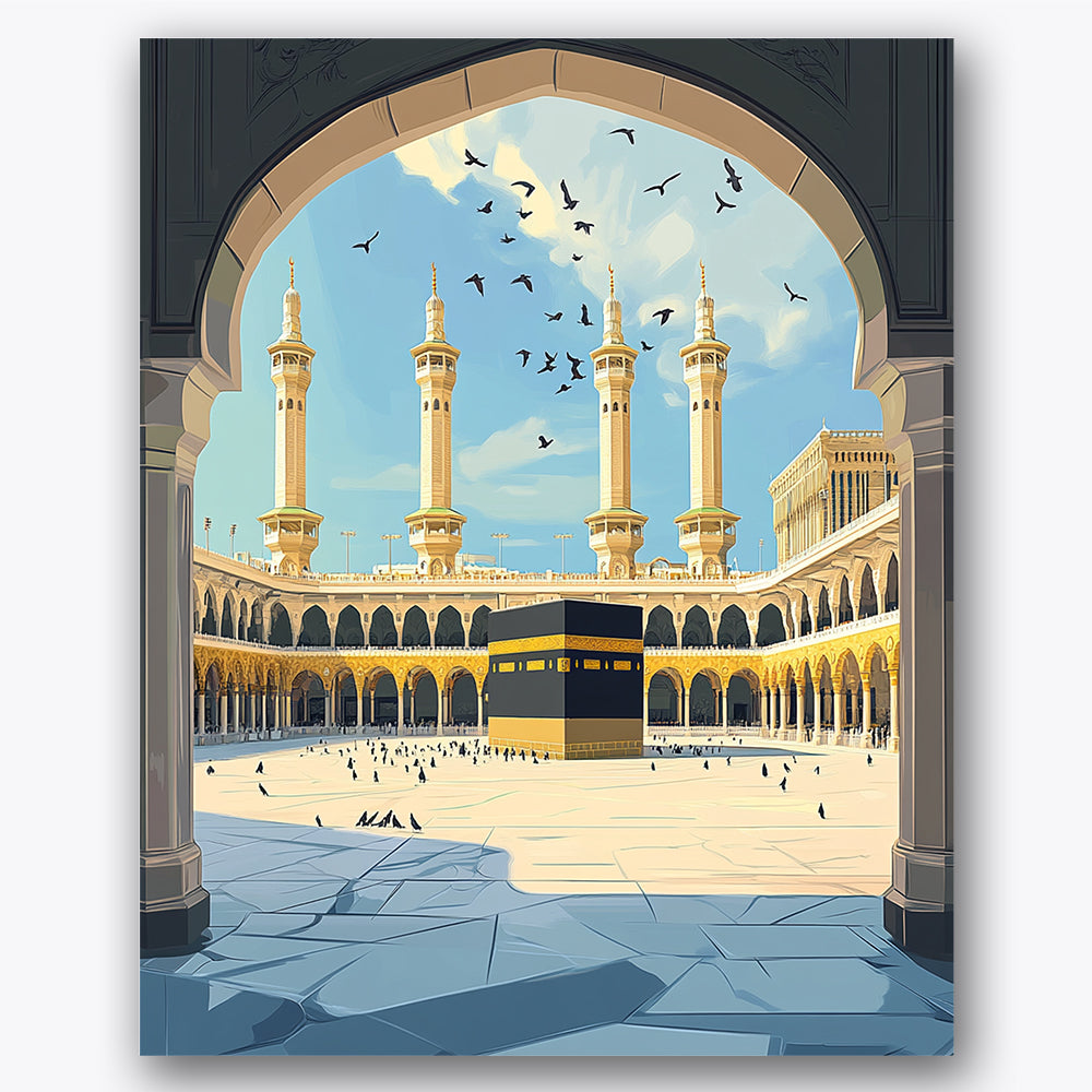 Paint by numbers design of Kaaba, minarets, towering minarets, clear blue sky