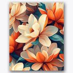 Paint by numbers design of magnolia flowers, orange petals, orange and cream petals, large magnolia flowers