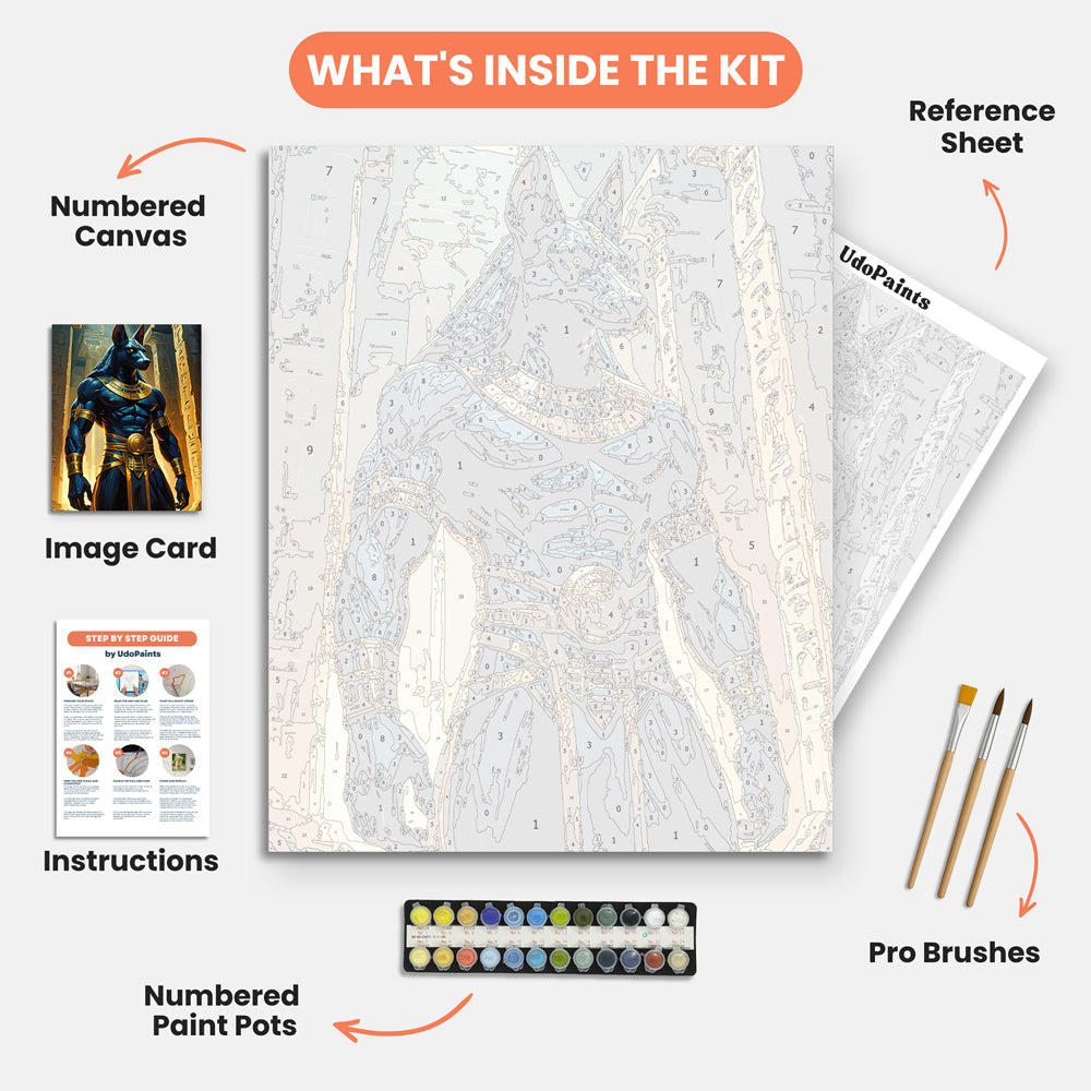 Majestic Anubis Paint by Numbers Kit – includes numbered canvas, paint pots, brushes, and instructions
