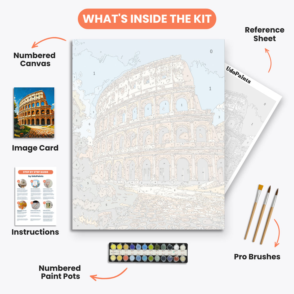 Majestic Colosseum Paint by Numbers Kit – includes numbered canvas, paint pots, brushes, and instructions