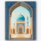 Paint by numbers design of mosque, dome, turquoise domed roof, intricate golden scripts