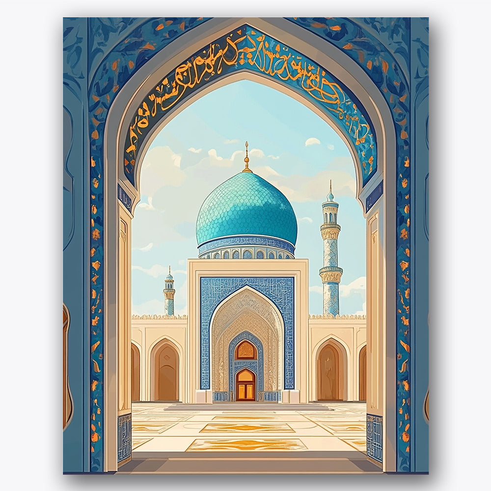 Paint by numbers design of mosque, dome, turquoise domed roof, intricate golden scripts