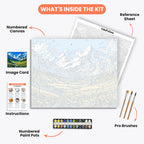 Majestic Mountain Paint by Numbers Kit – includes numbered canvas, paint pots, brushes, and instructions