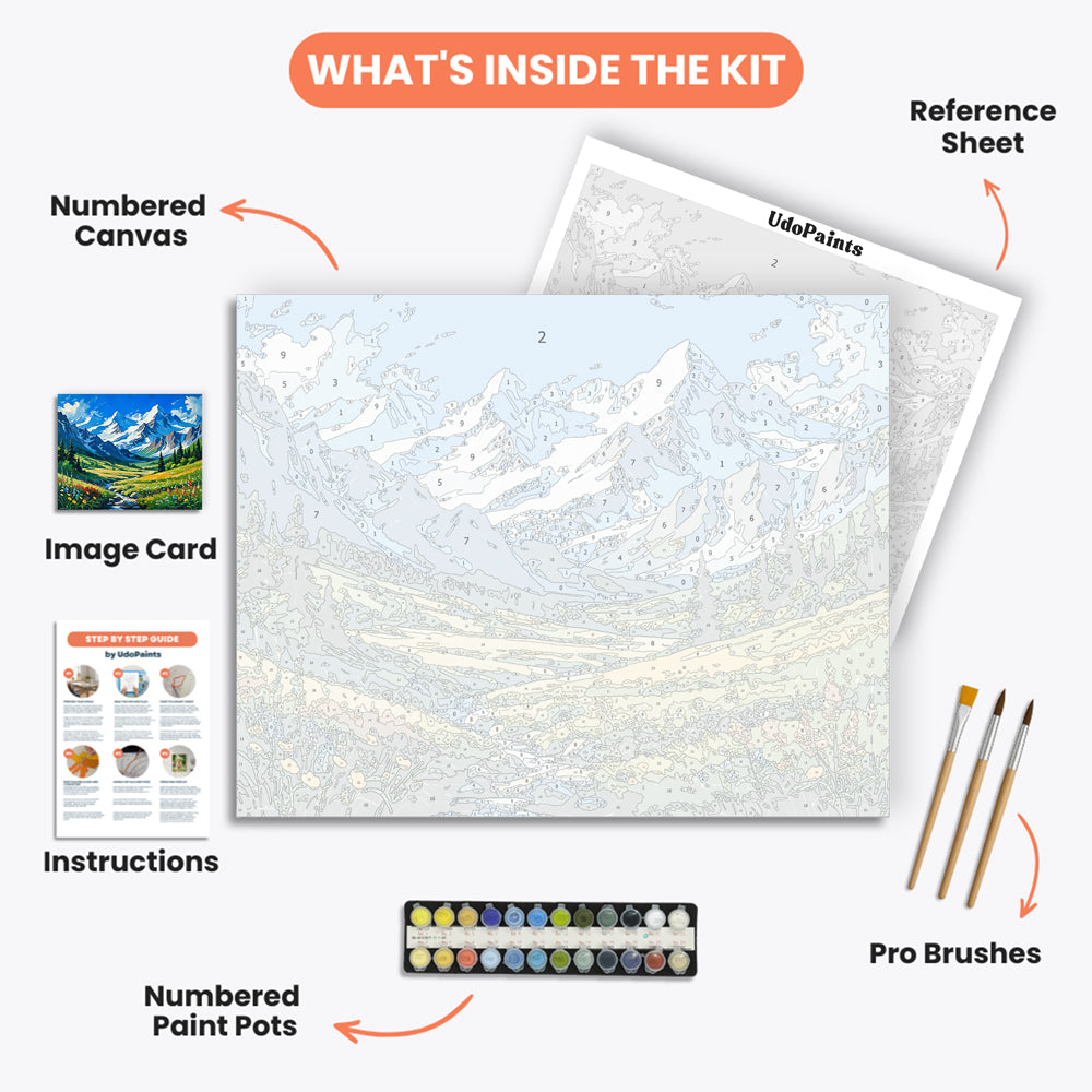 Majestic Mountain Paint by Numbers Kit – includes numbered canvas, paint pots, brushes, and instructions