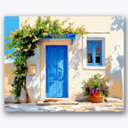 Paint by numbers design of blue door, climbing vines, bright blue door, climbing vines