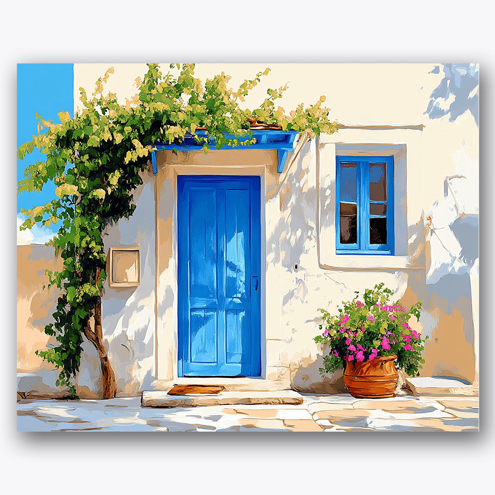 Paint by numbers design of blue door, climbing vines, bright blue door, climbing vines
