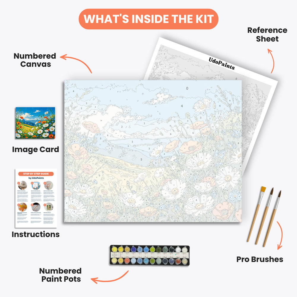 Meadow Bliss Paint by Numbers Kit – includes numbered canvas, paint pots, brushes, and instructions