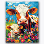 Paint by numbers design of cow and calf, wildflowers, vivid wildflowers, blue skies