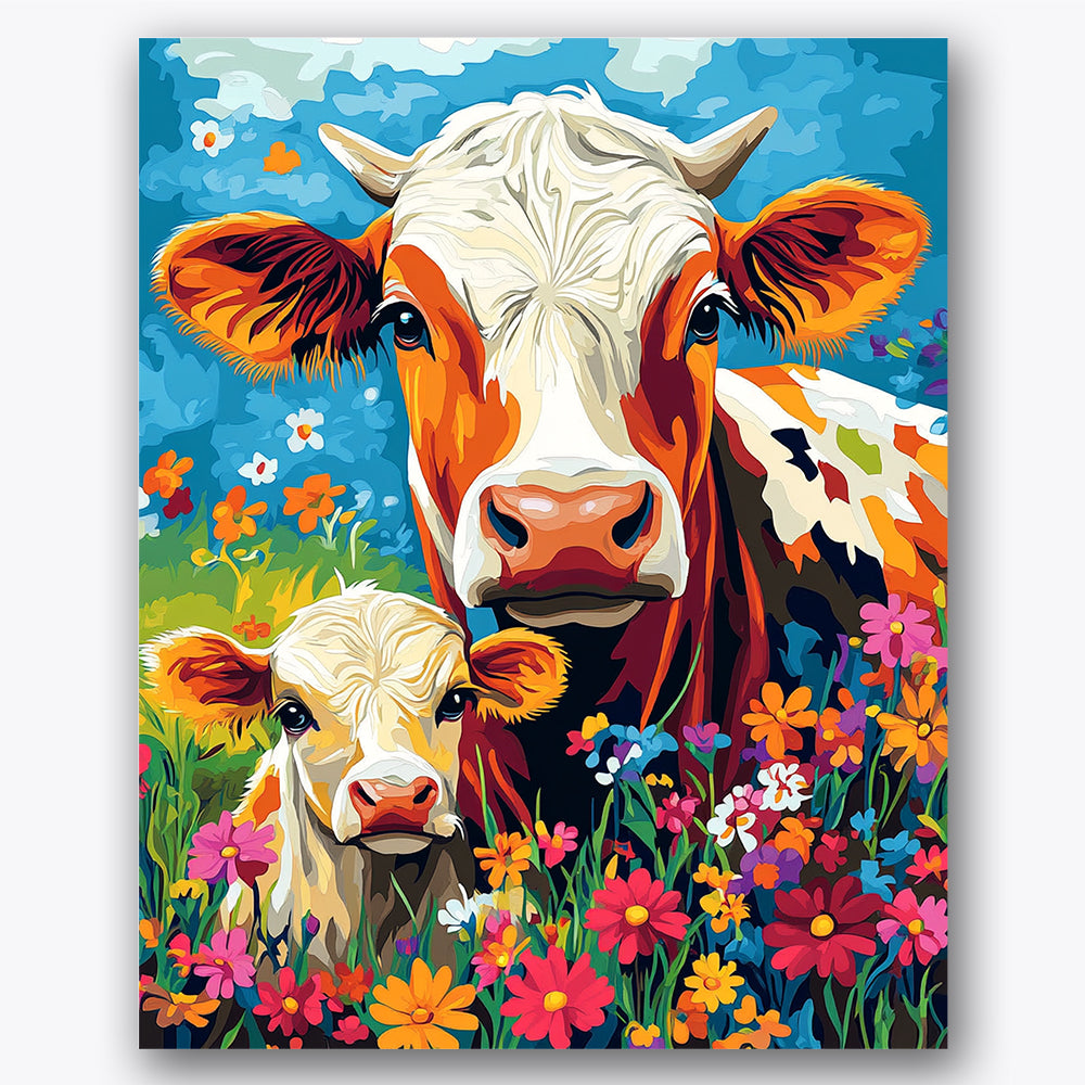 Paint by numbers design of cow and calf, wildflowers, vivid wildflowers, blue skies