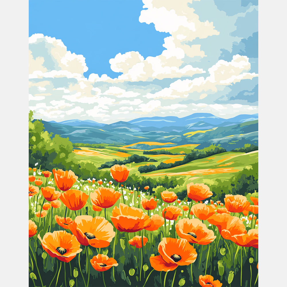 Meadow Poppies Paint by Numbers Kit design preview showing the full artwork layout before painting