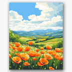Paint by numbers design of poppy field, mountains, orange poppies, blue sky