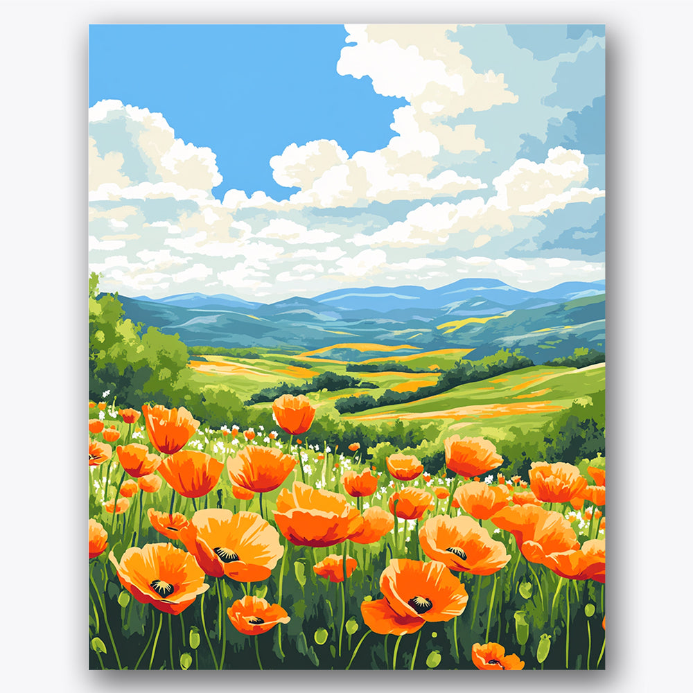 Paint by numbers design of poppy field, mountains, orange poppies, blue sky