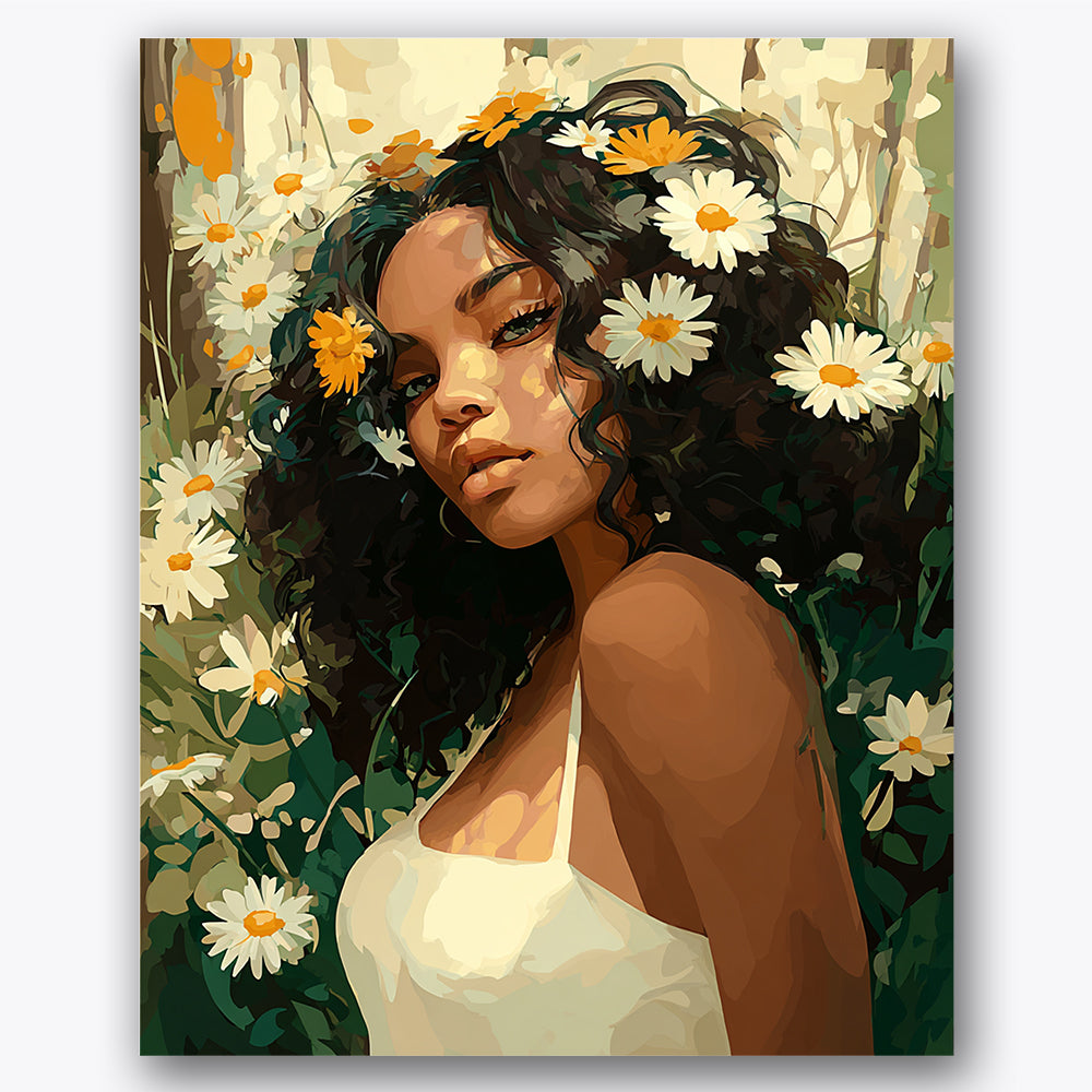 Paint by numbers design of woman, daisies, daisies in hair, dark curly hair