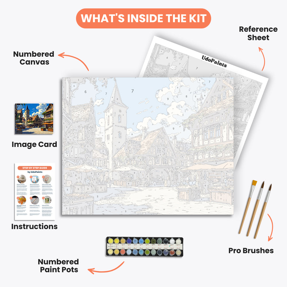 Medieval Town Plaza Paint by Numbers Kit – includes numbered canvas, paint pots, brushes, and instructions
