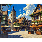 Medieval Town Plaza Paint by Numbers Kit design preview showing the full artwork layout before painting