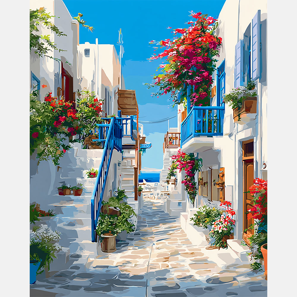 Mediterranean Alleyway Paint by Numbers Kit design preview showing the full artwork layout before painting
