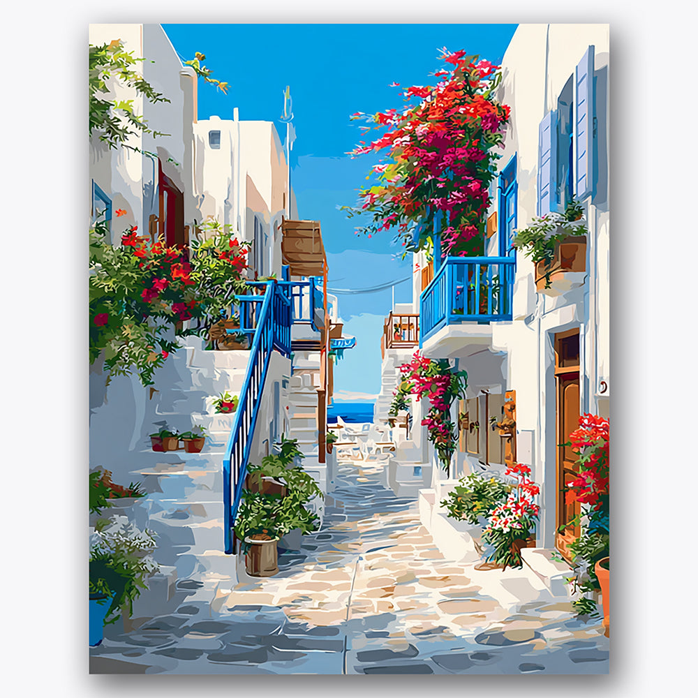 Paint by numbers design of alleyway, flowers, white buildings, vibrant flowers