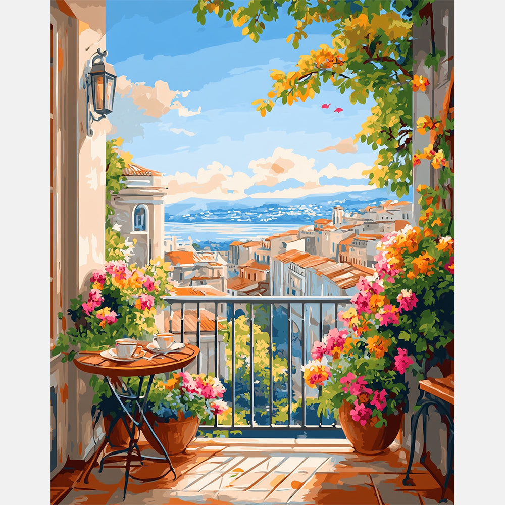Mediterranean Balcony Paint by Numbers Kit design preview showing the full artwork layout before painting