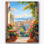 Paint by numbers design of balcony, coastal town, sunlit balcony, vibrant flowers
