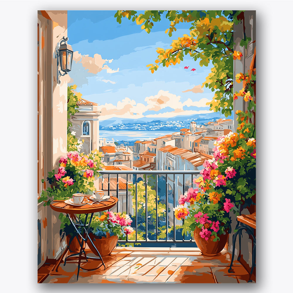 Paint by numbers design of balcony, coastal town, sunlit balcony, vibrant flowers