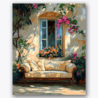 Paint by numbers design of courtyard, sunlit sofa, sunlit beige sofa, vibrant pink flowers