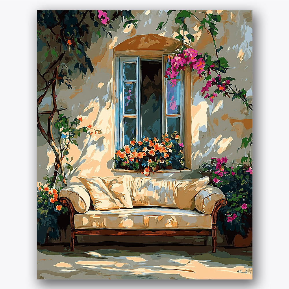 Paint by numbers design of courtyard, sunlit sofa, sunlit beige sofa, vibrant pink flowers