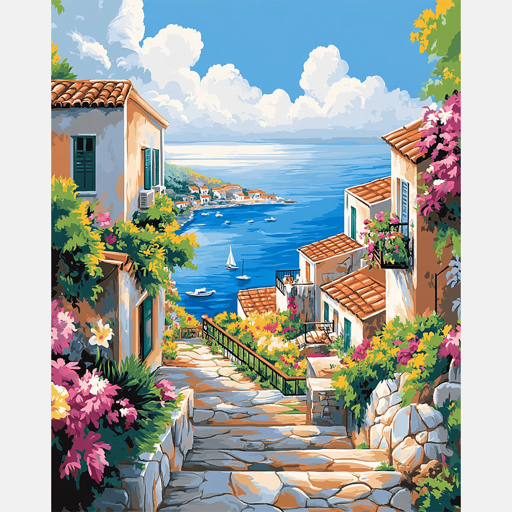 Mediterranean Floral Lane Paint by Numbers Kit design preview showing the full artwork layout before painting
