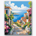 Paint by numbers design of village, flowers, cobblestone path, sailing boats