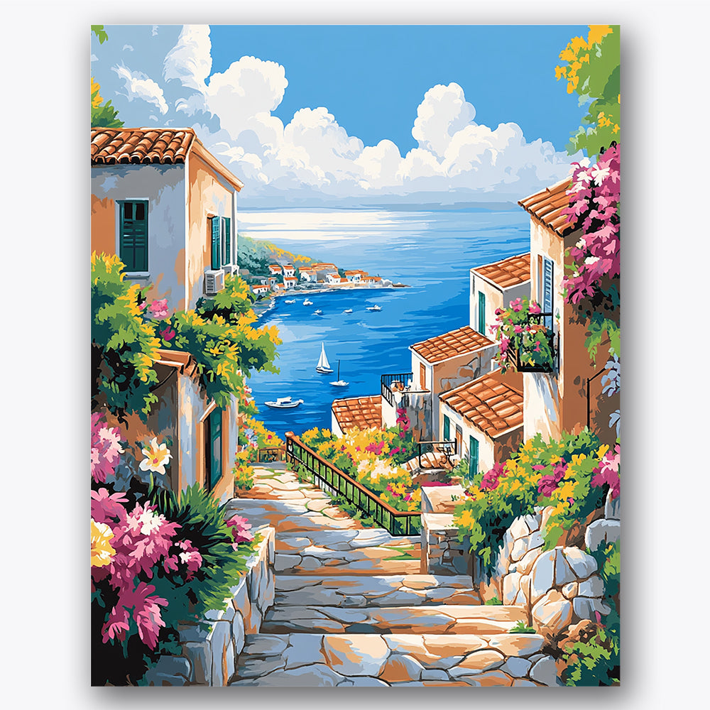 Paint by numbers design of village, flowers, cobblestone path, sailing boats
