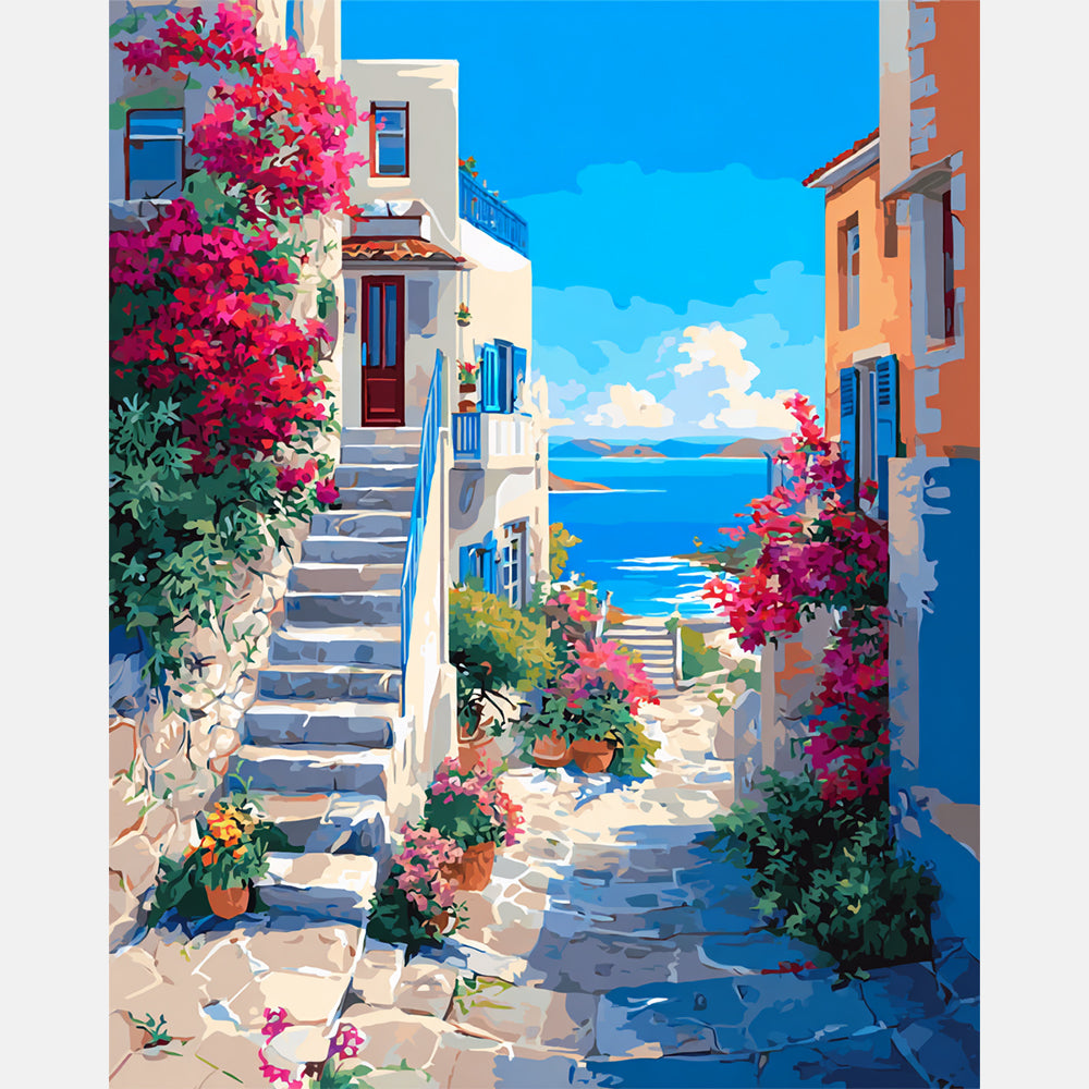 Mediterranean Floral Pathway Paint by Numbers Kit design preview showing the full artwork layout before painting
