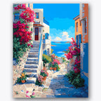 Paint by numbers design of Mediterranean street, vibrant flowers, stone steps, vibrant pink flowers