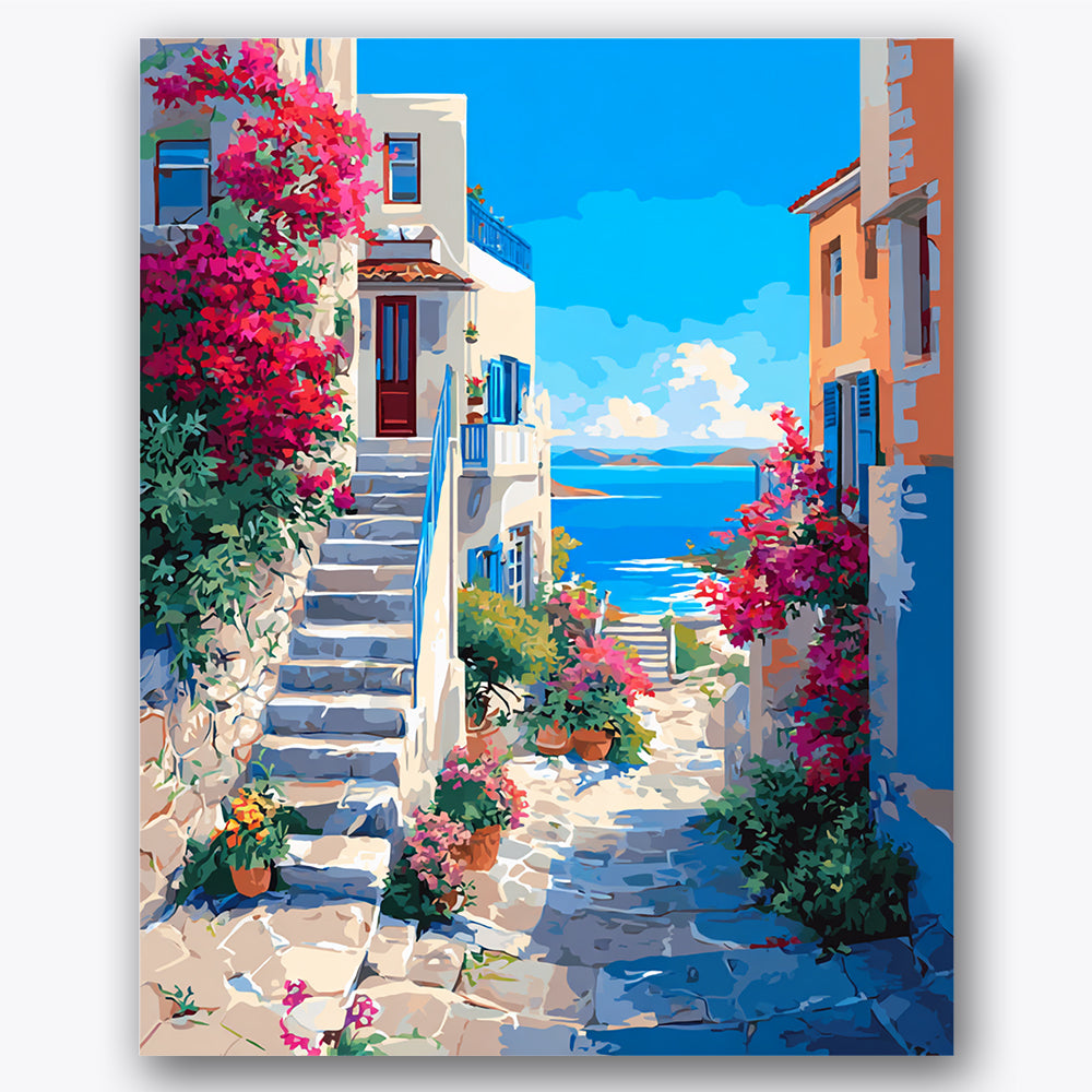Paint by numbers design of Mediterranean street, vibrant flowers, stone steps, vibrant pink flowers