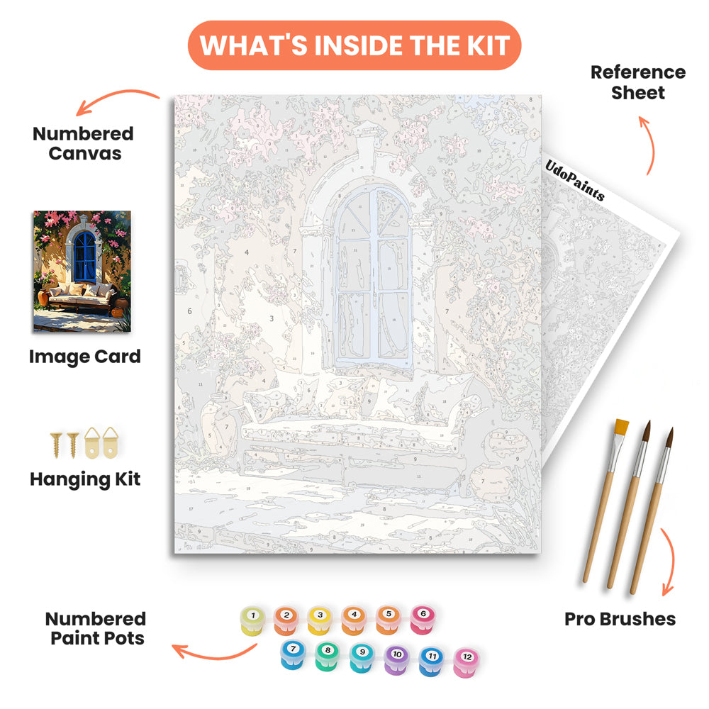 Mediterranean Retreat Paint by Numbers Kit – includes numbered canvas, paint pots, brushes, and instructions