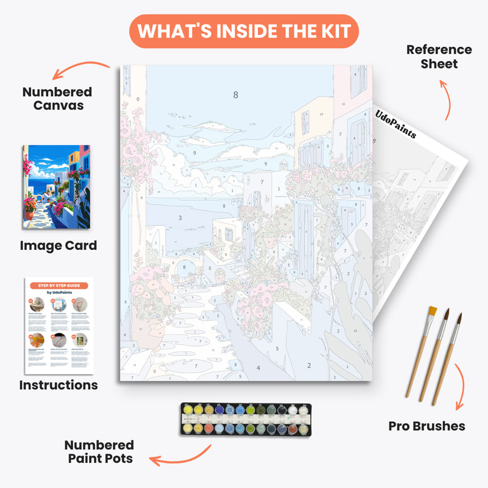Mediterranean Village Paint by Numbers Kit – includes numbered canvas, paint pots, brushes, and instructions
