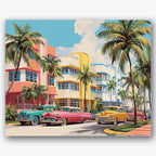 Paint by numbers design of classic cars, Art Deco buildings, palm trees, colorful architecture