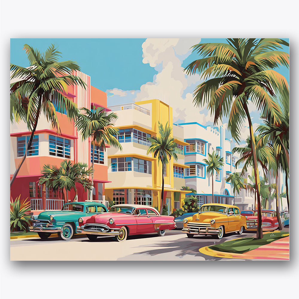 Paint by numbers design of classic cars, Art Deco buildings, palm trees, colorful architecture