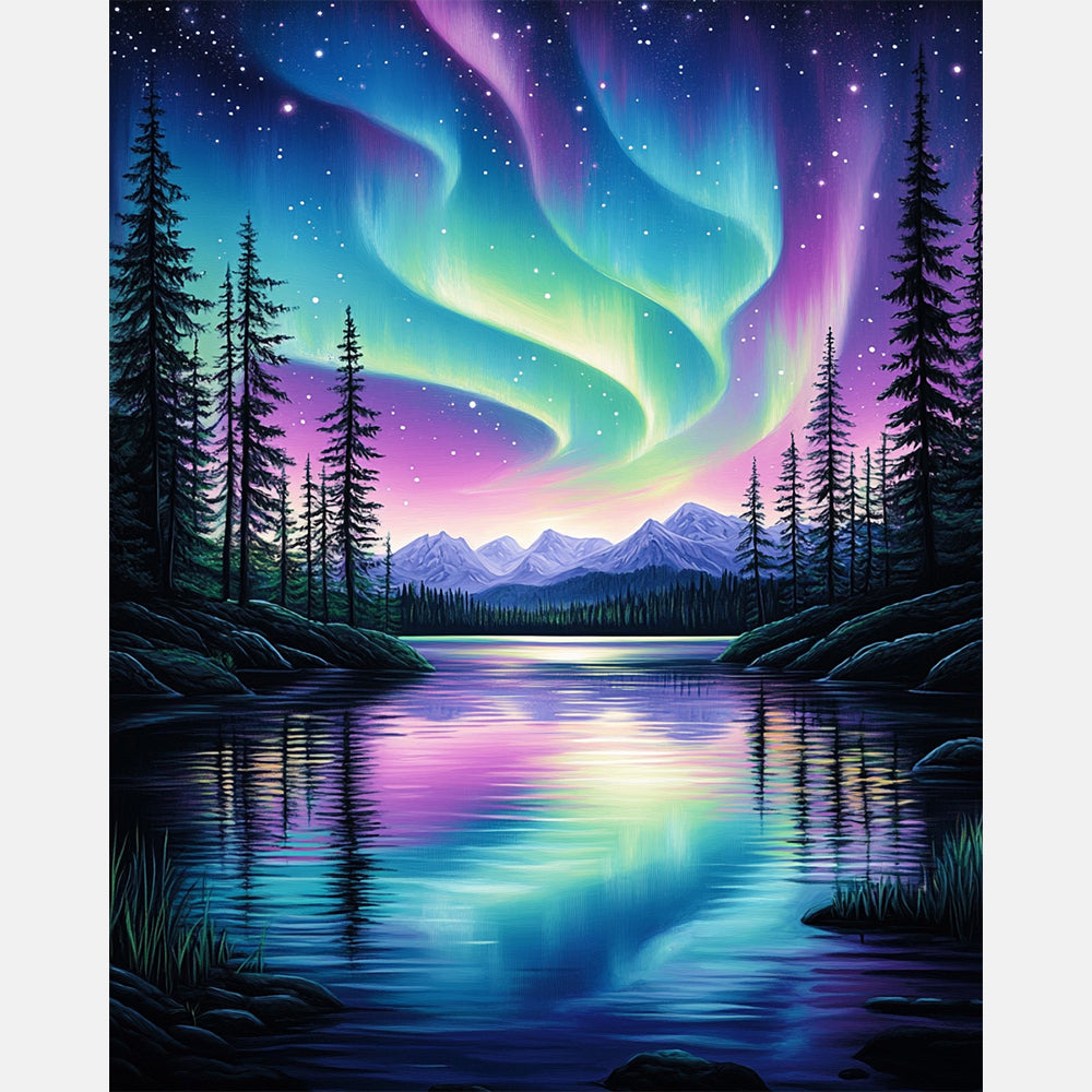 Midnight Aurora Lake Paint by Numbers Kit design preview showing the full artwork layout before painting