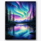 Paint by numbers design of lake, aurora borealis, vivid aurora colors, lake reflections
