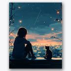 Paint by numbers design of person, cat, silhouetted figures, twinkling city lights