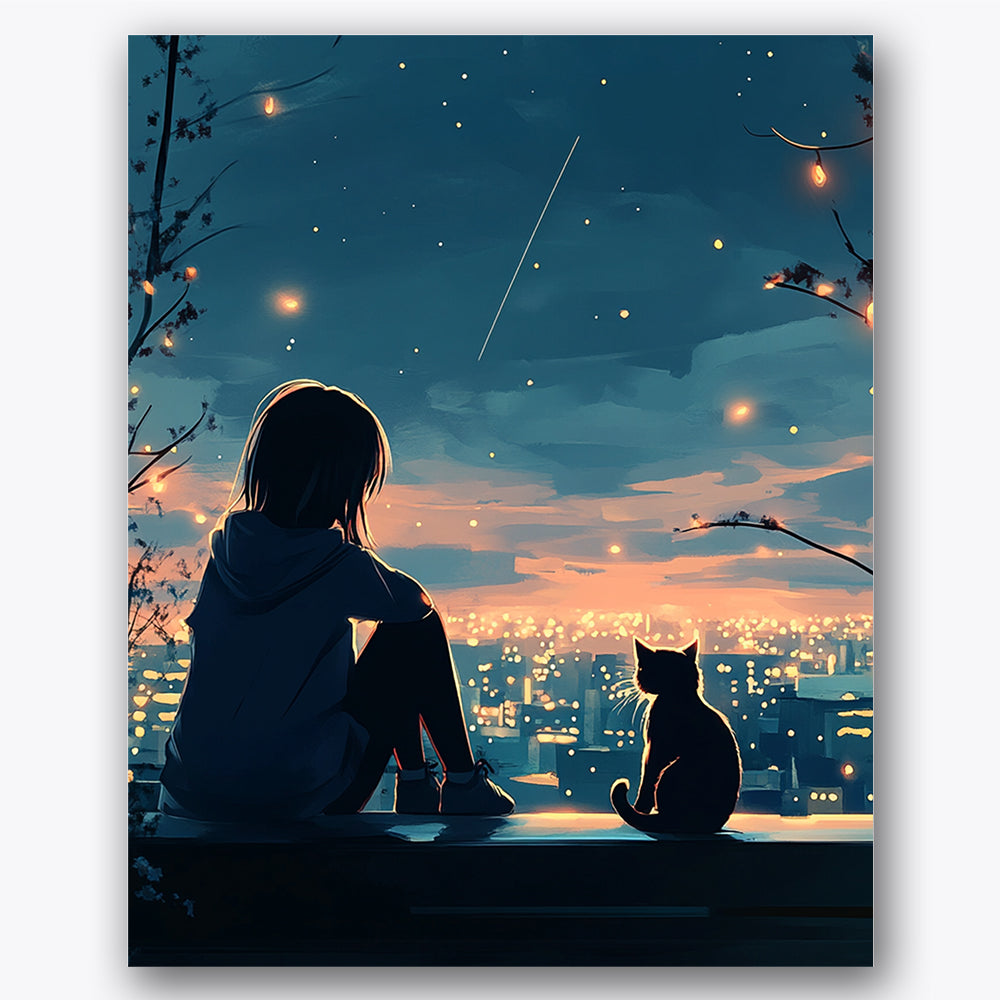 Paint by numbers design of person, cat, silhouetted figures, twinkling city lights