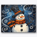 Paint by numbers design of snowman, starry sky, whimsical hat design, bright orange scarf