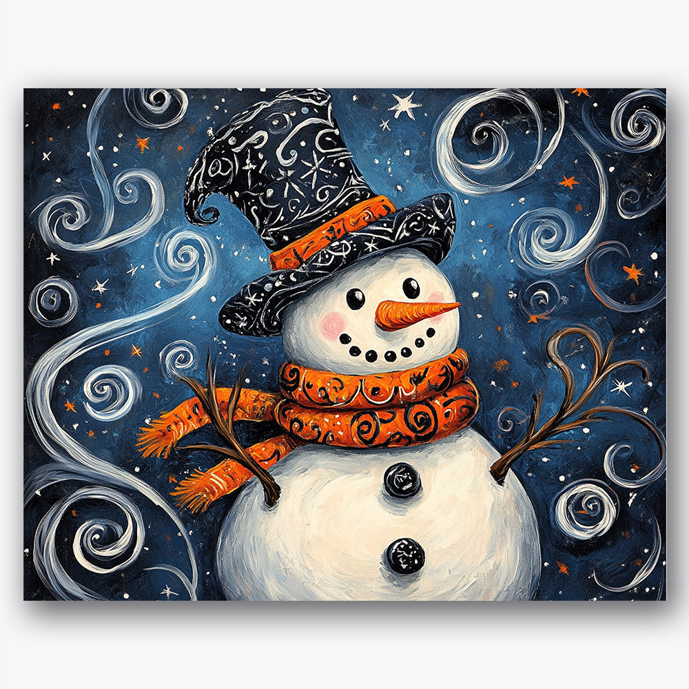 Paint by numbers design of snowman, starry sky, whimsical hat design, bright orange scarf