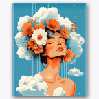 Paint by numbers design of woman, flowers and clouds, vibrant orange flowers, soft clouds
