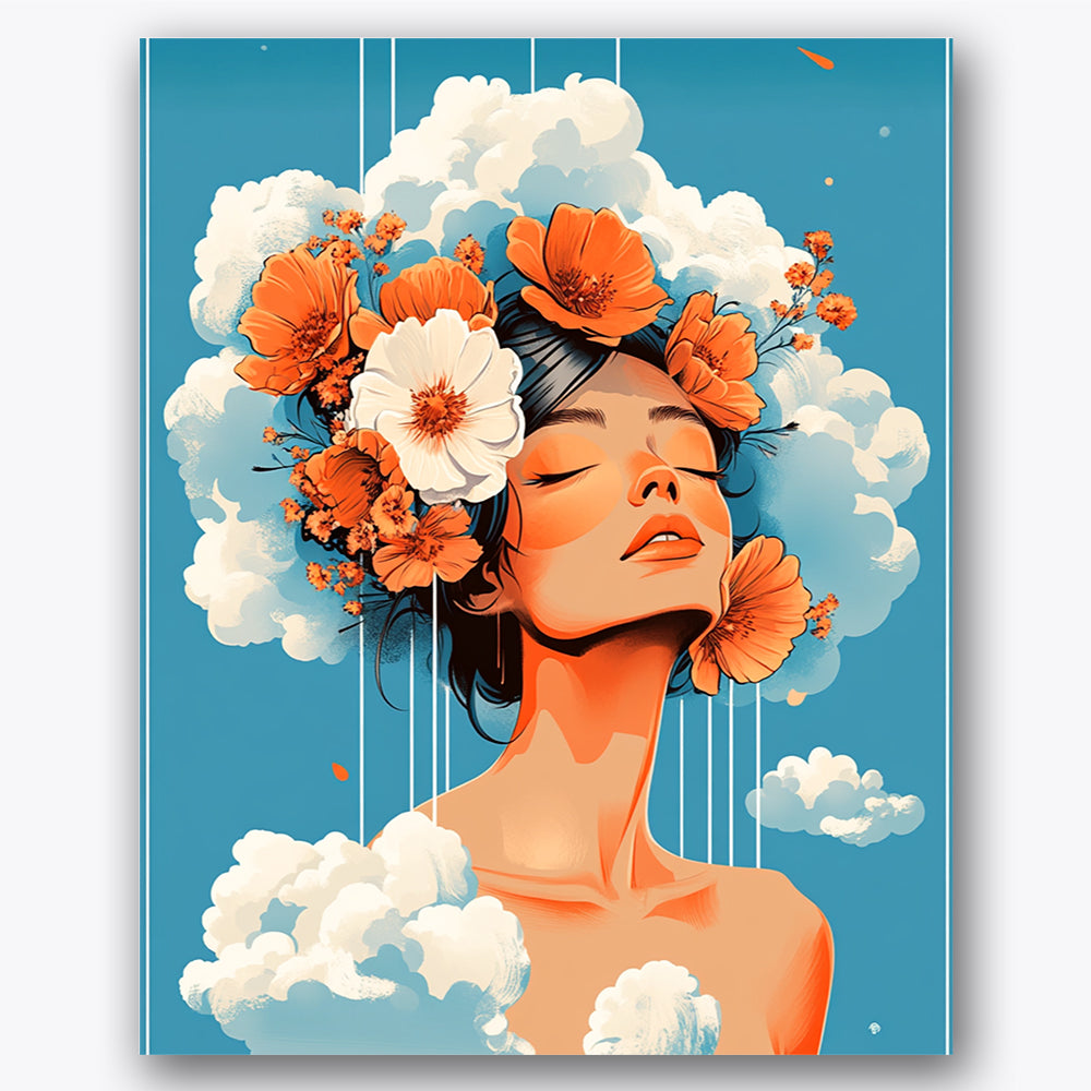 Paint by numbers design of woman, flowers and clouds, vibrant orange flowers, soft clouds