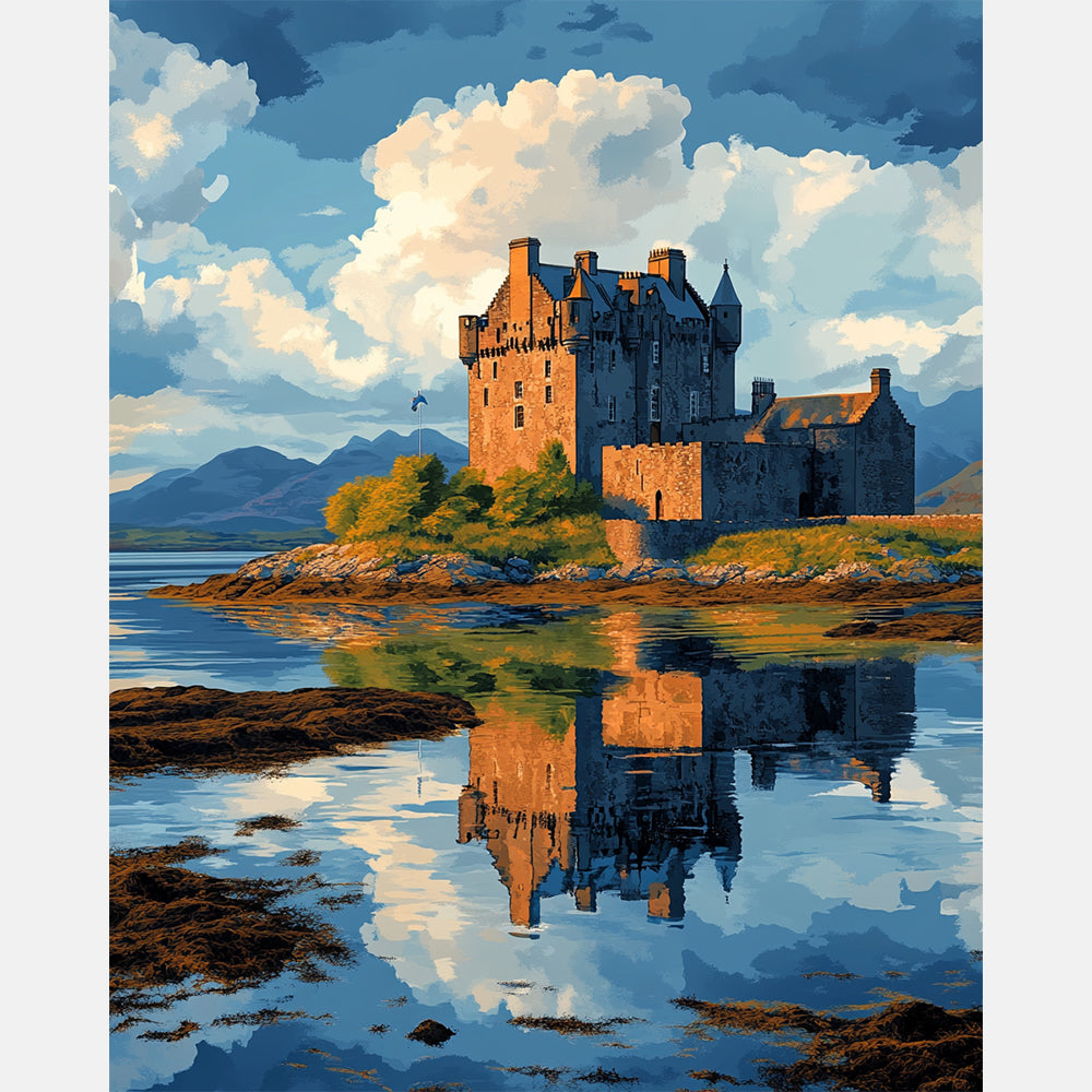 Misty Castle Reflections Paint by Numbers Kit design preview showing the full artwork layout before painting