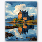 Paint by numbers design of castle, reflection, castle reflection in water, dramatic clouds