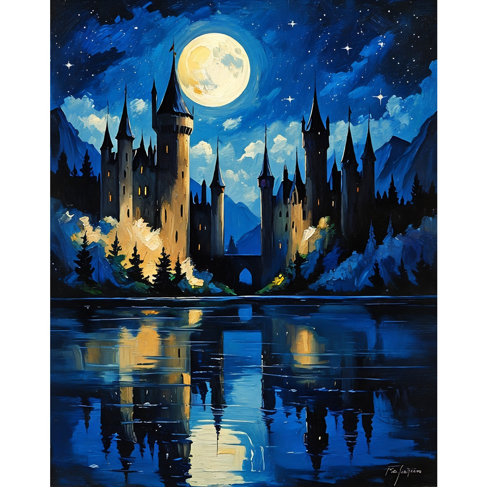 Moonlit Castle Paint by Numbers Kit design preview showing the full artwork layout before painting