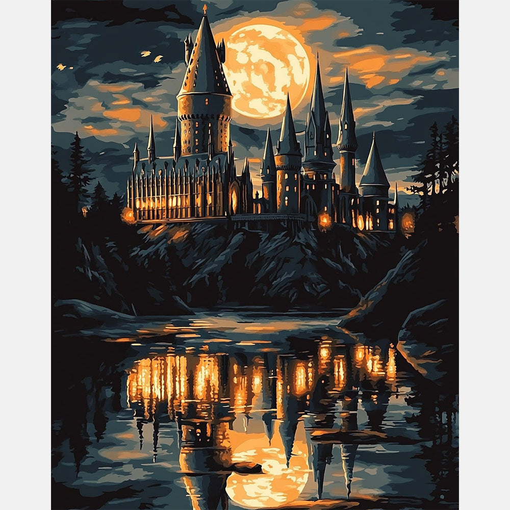 Moonlit Castle Reflections Paint by Numbers Kit design preview showing the full artwork layout before painting