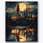 Paint by numbers design of castle, moonlit lake, moonlit sky, castle towers