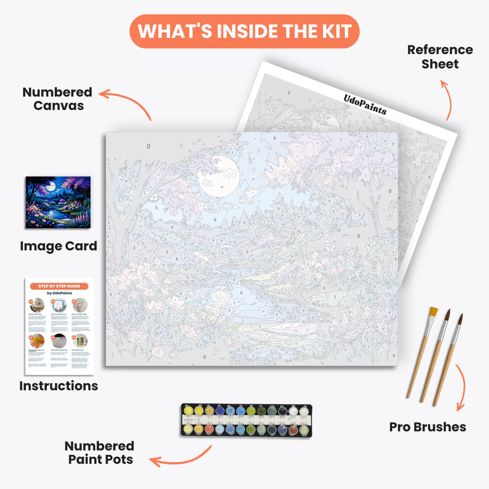 Moonlit Garden Paint by Numbers Kit – includes numbered canvas, paint pots, brushes, and instructions